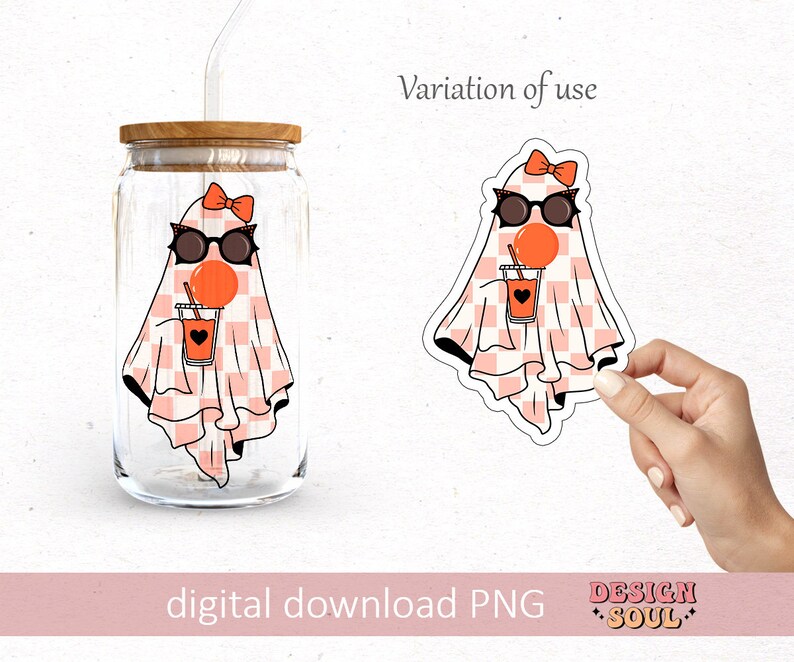 May include: A digital download of a ghost wearing sunglasses and a pink and white checkered pattern, holding a glass of orange juice with a straw. The ghost is wearing a pink bow. The image is a variation of use for a sticker or a design on a water bottle.