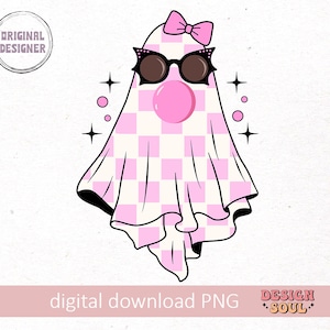 May include: A pink and white checkered ghost wearing sunglasses and a pink bow. The ghost has a pink bubble gum in its mouth.