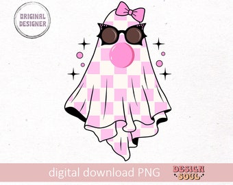 Ghost bubble gum png, ghost blowing bubble png, retro fall png, spooky season png, coquette halloween png, checkered ghost bow png
