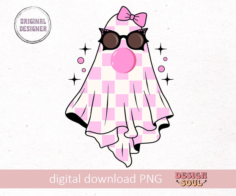 May include: A pink and white checkered ghost wearing sunglasses and a pink bow. The ghost has a pink bubble gum in its mouth.