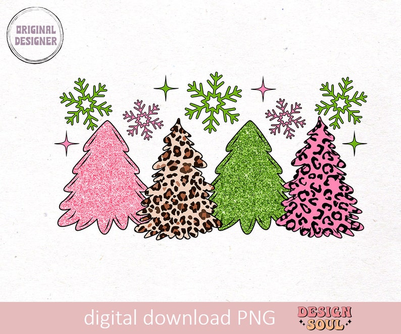 Leopard christmas tree png, leopard christmas print png, merry and bright png, pink christmas png, girly christmas png, coquette christmas image 1