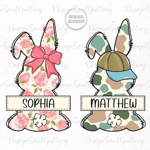 May include: Two Easter bunny-shaped designs with personalised names. The first bunny is pink with a floral pattern and a pink bow. The second bunny is green and brown camouflage with a blue and green baseball cap. The names "Sophia" and "Matthew" are written on the banners below each bunny.