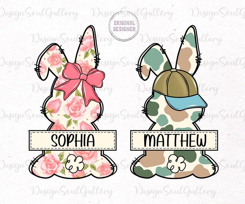 May include: Two Easter bunny-shaped designs with personalized names. The first bunny is pink with a floral pattern and a pink bow. The second bunny is green and brown camouflage with a blue and green baseball cap. The names "Sophia" and "Matthew" are written on the banners below each bunny.