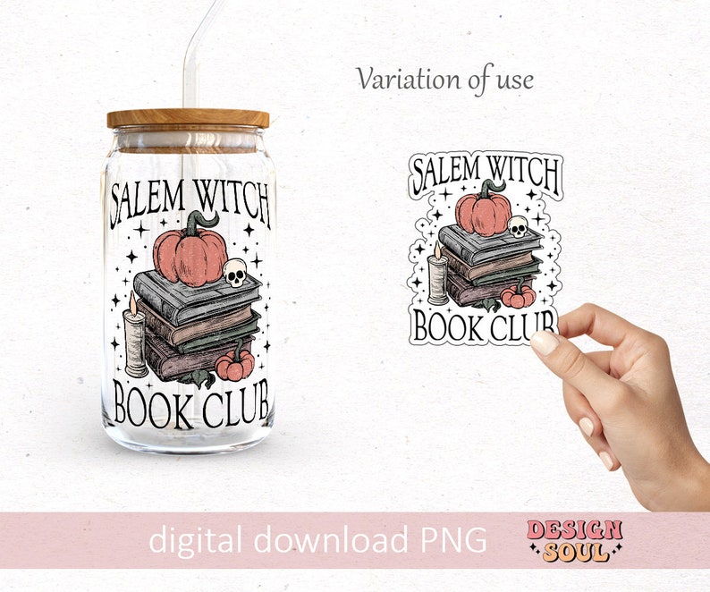 May include: A clear glass tumbler with a wooden lid and a straw. The tumbler has a design that says "Salem Witch Book Club" with a stack of books, a pumpkin, a skull, and a candle.
