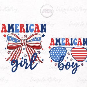 May include: Two graphic designs featuring the text "AMERICAN" in red, white, and blue. The first design features a red, white, and blue bow with stars and the text "girl". The second design features sunglasses with a red, white, and blue pattern and the text "boy".