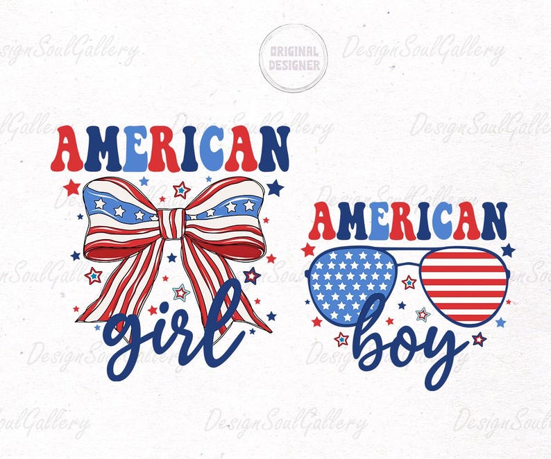 May include: Two graphic designs featuring the text "AMERICAN" in red, white, and blue. The first design features a red, white, and blue bow with stars and the text "girl". The second design features sunglasses with a red, white, and blue pattern and the text "boy".