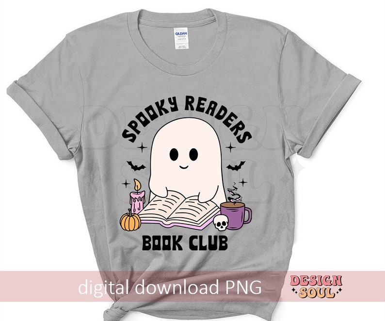 May include: A gray t-shirt with a ghost reading a book. The text on the shirt says "Spooky Readers Book Club".