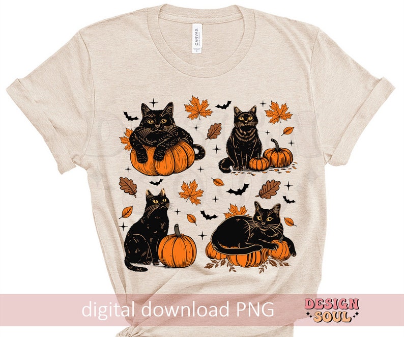 May include: Beige t-shirt featuring a graphic design of four black cats with orange pumpkins, autumn leaves, and bats. The words "digital download PNG" and "DESIGN SOUL" are printed on the shirt.