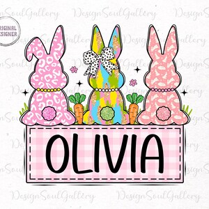 May include: Three pink Easter bunnies with different patterns, sitting on a pink and white checkered background with the name "OLIVIA" in black text.