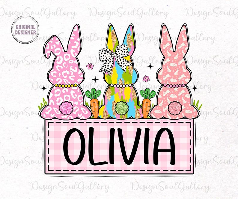 May include: Three pink Easter bunnies with different patterns, sitting on a pink and white checkered background with the name "OLIVIA" in black text.