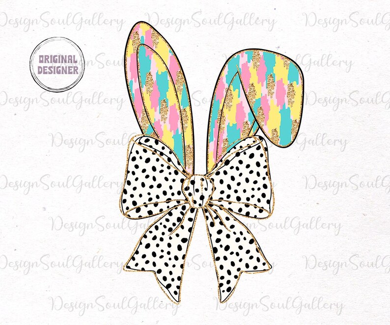 May include: A white bow with black polka dots and gold accents, topped with two pastel bunny ears with gold glitter. The ears are pink, yellow, and blue with a white and blue abstract pattern.