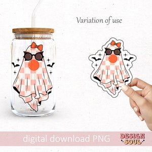 May include: A digital download of a pink and white checkered ghost wearing sunglasses and a bow. The ghost is in a cartoon style and has a red nose. The image is on a white background and has the text "Variation of use" and "digital download PNG" at the bottom.