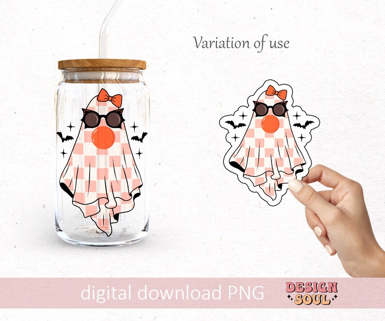 May include: A digital download of a pink and white checkered ghost wearing sunglasses and a bow. The ghost is in a cartoon style and has a red nose. The image is on a white background and has the text "Variation of use" and "digital download PNG" at the bottom.