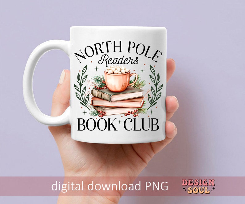 May include: White ceramic mug with a black and white design that says "North Pole Readers Book Club". The mug has a green and red holly design with a cup of hot chocolate with marshmallows on top of a stack of books.