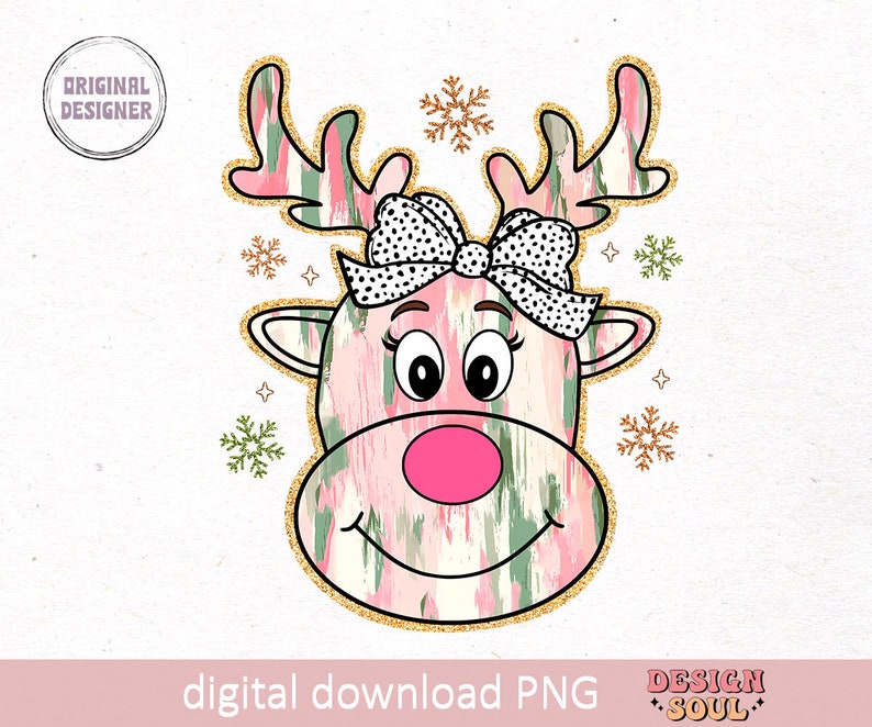May include: A pink and green reindeer with a black and white polka dot bow. The reindeer has a pink nose and gold glitter accents. The background is white with snowflakes.
