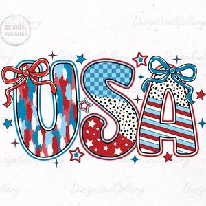 May include: USA graphic with red, white, and blue colors. Each letter is decorated with a different pattern. The letters are outlined in black and have a white outline. The letters are decorated with stars and bows.