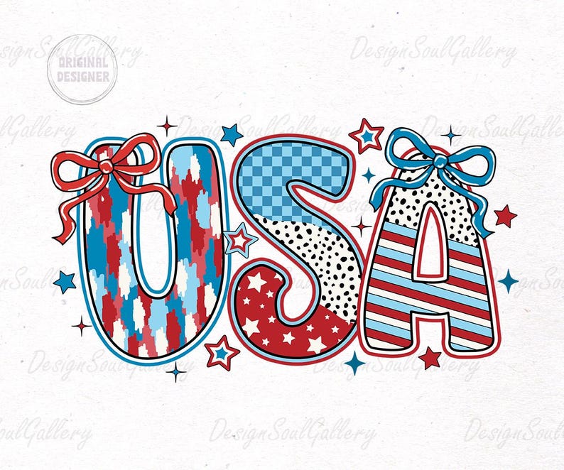 May include: USA graphic with red, white, and blue colors. Each letter is decorated with a different pattern. The letters are outlined in black and have a white outline. The letters are decorated with stars and bows.