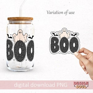 May include: A digital download of a black and white graphic with the word "BOO" in a glittery font. A ghost with a pink outline is floating above the word. Bats are flying around the ghost. The graphic is shown on a clear glass jar with a wooden lid and a straw.