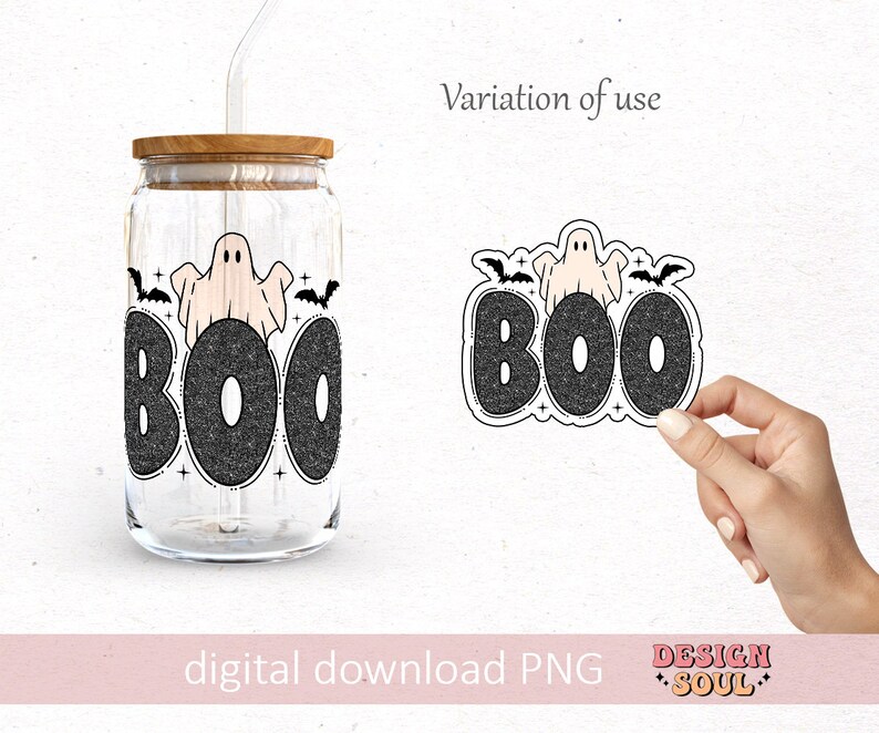 May include: A digital download of a black and white graphic with the word "BOO" in a glittery font. A ghost with a pink outline is floating above the word. Bats are flying around the ghost. The graphic is shown on a clear glass jar with a wooden lid and a straw.