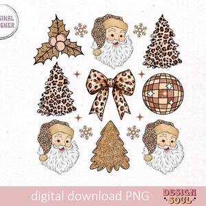 May include: A set of digital clipart images featuring a festive Christmas theme with a leopard print and gold glitter design. The set includes a Santa Claus face, a Christmas tree, a bow, a disco ball, and a holly sprig.