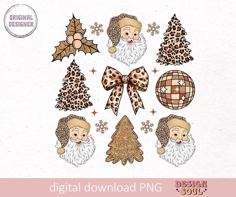May include: A set of digital clipart images featuring a festive Christmas theme with a leopard print and gold glitter design. The set includes a Santa Claus face, a Christmas tree, a bow, a disco ball, and a holly sprig.