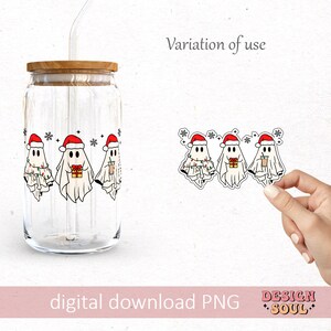 May include: Three Christmas ghost illustrations with Santa hats. The ghosts are holding a gift, a cup of coffee, and a string of lights. The illustrations are on a clear glass jar with a straw.