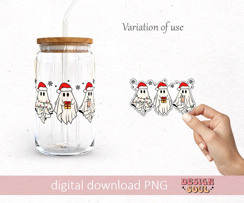 May include: Three Christmas ghost illustrations with Santa hats. The ghosts are holding a gift, a cup of coffee, and a string of lights. The illustrations are on a clear glass jar with a straw.