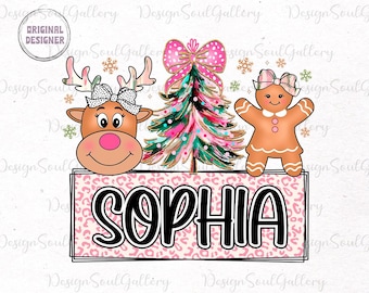 女の子のクリスマスPNG、パーソナライズされた子供向けクリスマスPNG、子供向けトナカイPNG、クリスマスキッズPNG、子供向けクリスマスネームPNG、ピンクのクリスマスツリーPNG