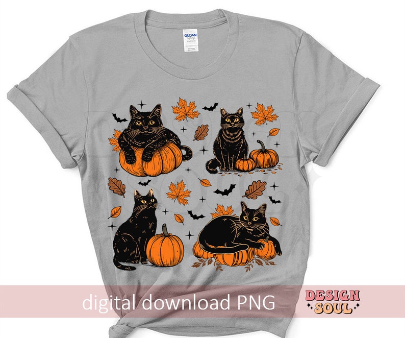 May include: A light gray t-shirt featuring a Halloween design. The design includes four black cats, orange pumpkins, autumn leaves, and bats. The words "digital download PNG" and "DESIGN SOUL" are also visible.