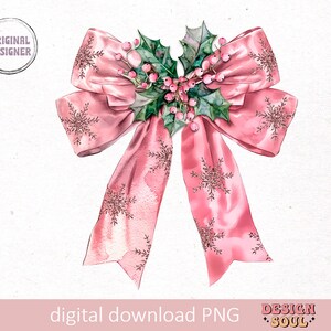 May include: A pink satin bow with a glittery snowflake pattern and a sprig of holly with red berries.