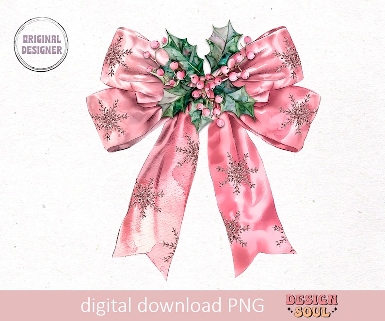 May include: A pink satin bow with a glittery snowflake pattern and a sprig of holly with red berries.