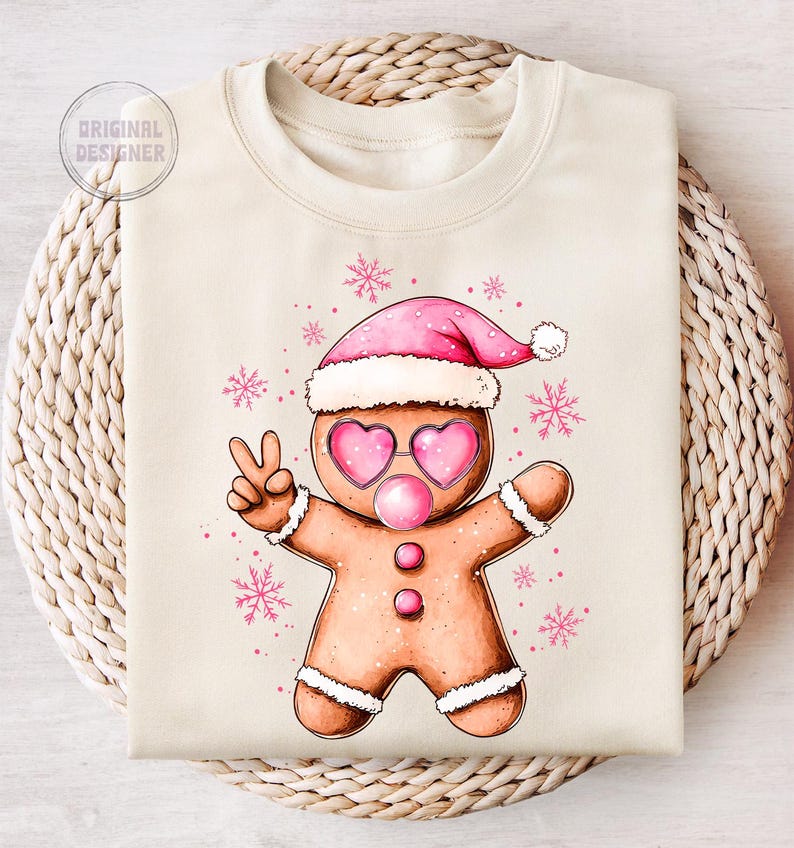 May include: A beige sweatshirt with a gingerbread man wearing pink sunglasses and a pink Santa hat. The gingerbread man is holding up two fingers in a peace sign. The background is white with pink snowflakes.