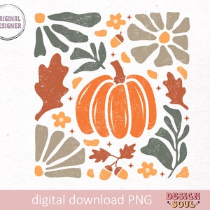 May include: A digital download of a pumpkin with autumn foliage and flowers in a retro style. The design is in shades of orange, brown, green, and white.
