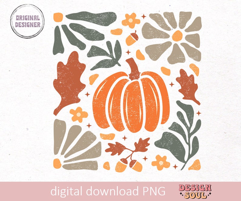 May include: A digital download of a pumpkin with autumn foliage and flowers in a retro style. The design is in shades of orange, brown, green, and white.