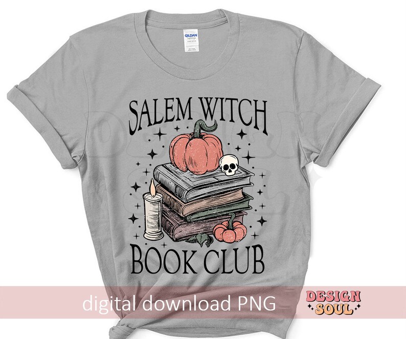 May include: A grey t-shirt with the text "Salem Witch Book Club" in black. The design features a stack of books, a pumpkin, a skull, and stars.