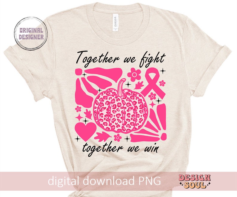 Peut inclure: Un t-shirt beige avec un motif graphique rose repr&eacute;sentant une citrouille &agrave; imprim&eacute; l&eacute;opard, un ruban rose et le texte "Ensemble nous luttons, ensemble nous gagnons".