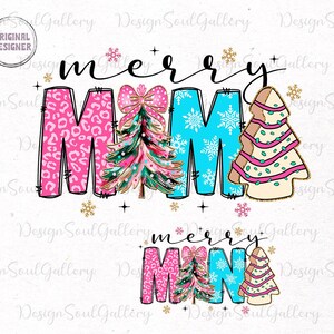 Peut inclure: Un motif de No&euml;l rose et bleu avec les mots &laquo;&nbsp;merry&nbsp;&raquo; et &laquo;&nbsp;mama&nbsp;&raquo; dans une police festive. Les lettres sont d&eacute;cor&eacute;es de flocons de neige, de paillettes et de sapins de No&euml;l.