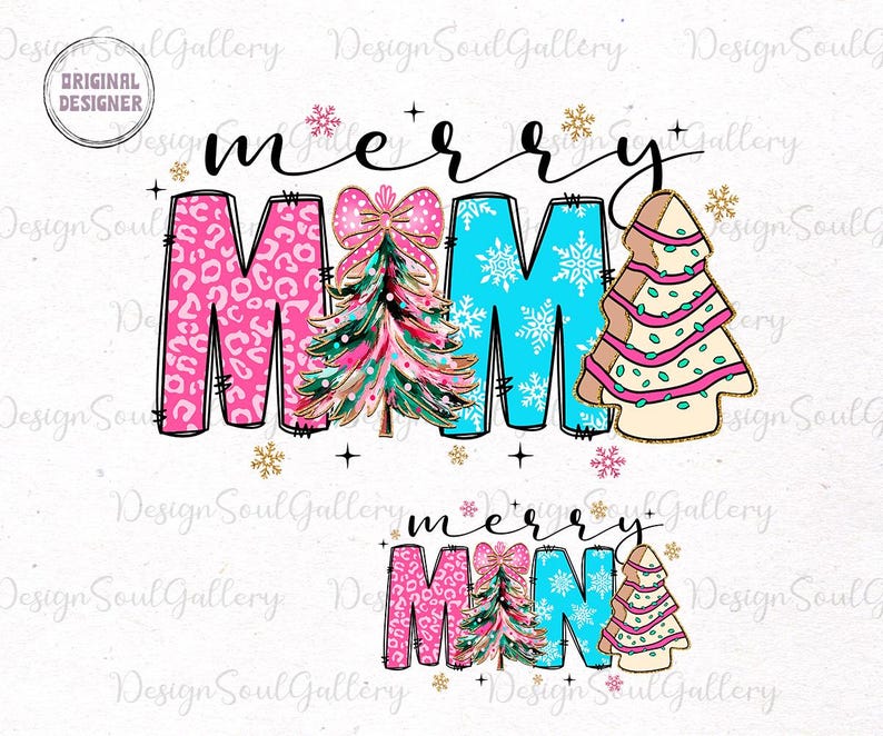 Peut inclure: Un motif de No&euml;l rose et bleu avec les mots &laquo;&nbsp;merry&nbsp;&raquo; et &laquo;&nbsp;mama&nbsp;&raquo; dans une police festive. Les lettres sont d&eacute;cor&eacute;es de flocons de neige, de paillettes et de sapins de No&euml;l.