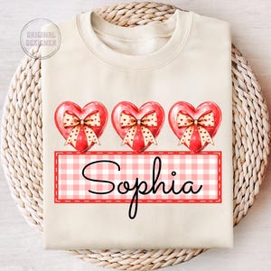 May include: A white sweatshirt with three red hearts with bows and a pink and white gingham banner with the name "Sophia" printed on it.
