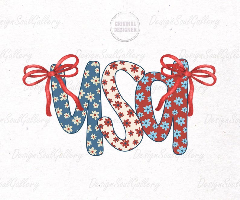 May include: USA spelled out in red, white, and blue patterned letters with red bows on each side of the letters.
