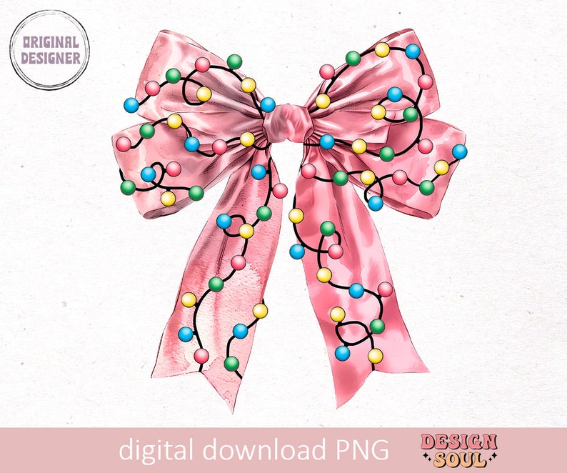 May include: A pink satin bow with a string of colorful lights wrapped around it. The lights are blue, green, yellow, and pink.