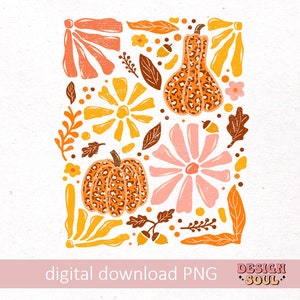 May include: A digital download of a graphic design featuring a fall theme with pumpkins, flowers, and leaves in shades of orange, yellow, pink, and brown.