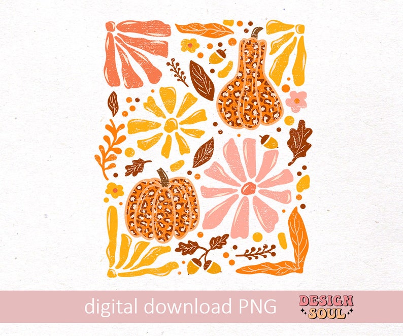 May include: A digital download of a graphic design featuring a fall theme with pumpkins, flowers, and leaves in shades of orange, yellow, pink, and brown.