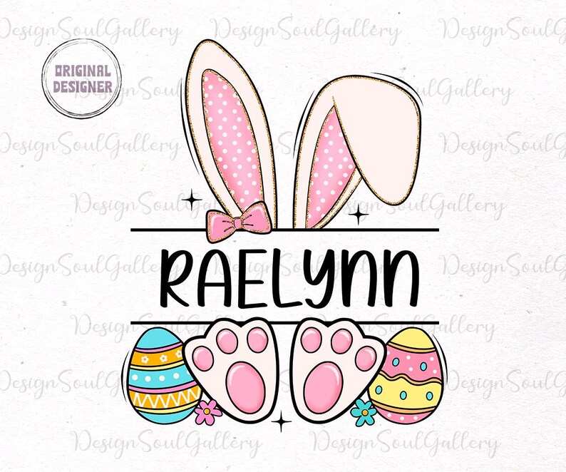 May include: A personalized Easter bunny design with the name "Raelynn" in black text. The bunny has pink ears with white polka dots, a pink bow, and white paws. The design is surrounded by colorful Easter eggs.