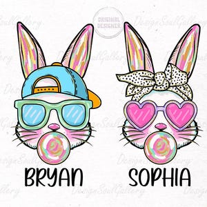 May include: Two cartoon bunnies with colorful ears, one wearing sunglasses and a blue baseball cap, the other wearing heart-shaped sunglasses and a black and white polka dot headband. Both bunnies are holding a colorful lollipop and have the names "BRYAN" and "SOPHIA" written below them.