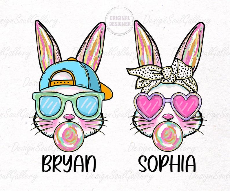 May include: Two cartoon bunnies with colorful ears, one wearing sunglasses and a blue baseball cap, the other wearing heart-shaped sunglasses and a black and white polka dot headband. Both bunnies are holding a colorful lollipop and have the names "BRYAN" and "SOPHIA" written below them.