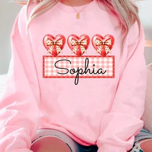 May include: Pink sweatshirt with three red hearts with bows and a red and white checkered banner with the name "Sophia" printed on it.