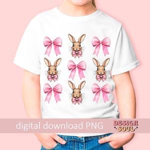 May include: White t-shirt with a pink bow and bunny rabbit design. The design is repeated multiple times on the shirt. The text "digital download PNG" is at the bottom of the shirt.