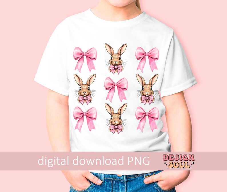 May include: White t-shirt with a pink bow and bunny rabbit design. The design is repeated multiple times on the shirt. The text "digital download PNG" is at the bottom of the shirt.