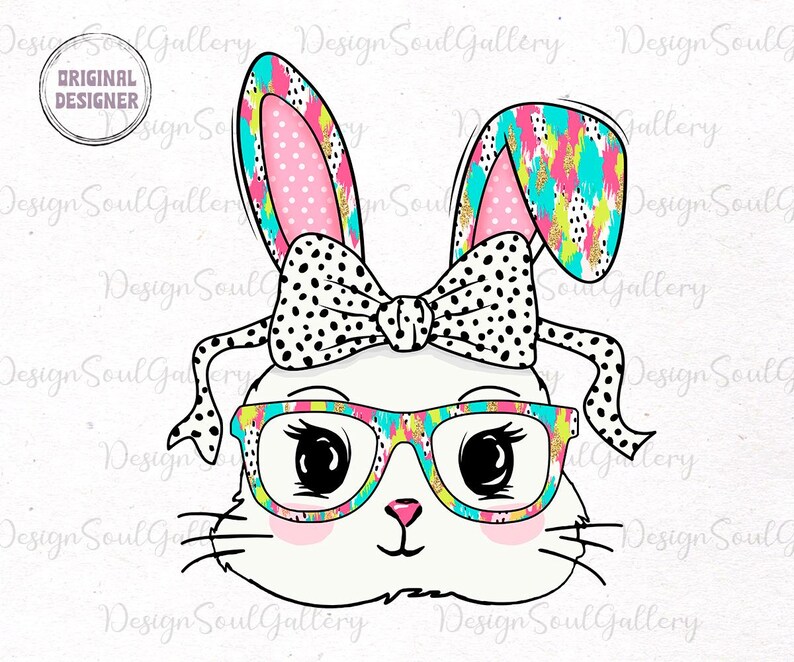 May include: A white bunny with pink ears and a black and white polka dot bow. The bunny is wearing colorful glasses and has a pink nose.